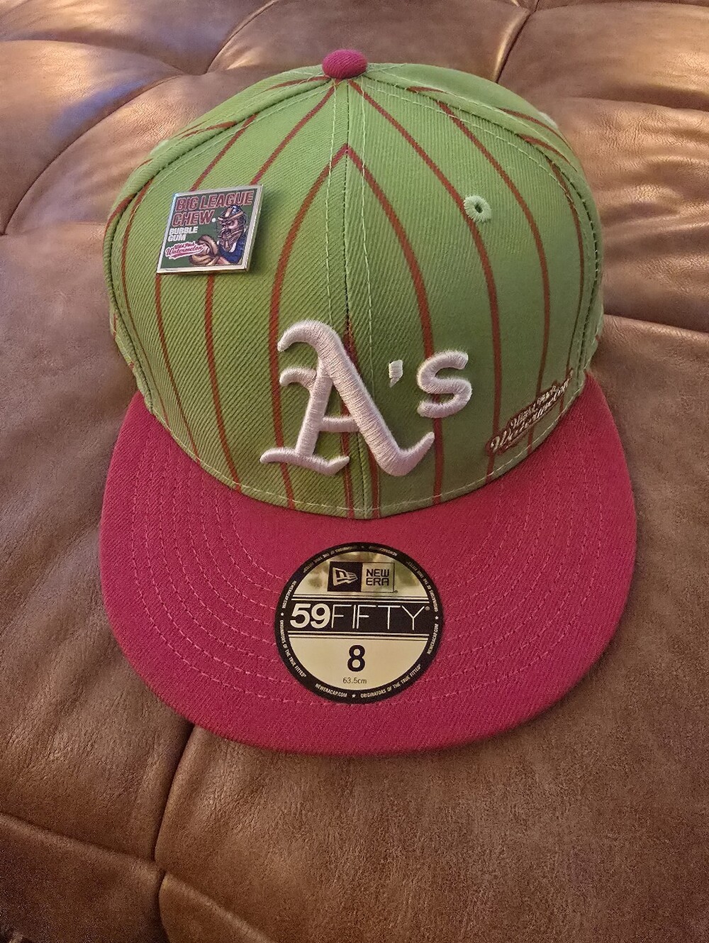 Watermelon Big League Chew Oakland Athltics As With Pin NWT Size 8 New Era 5950